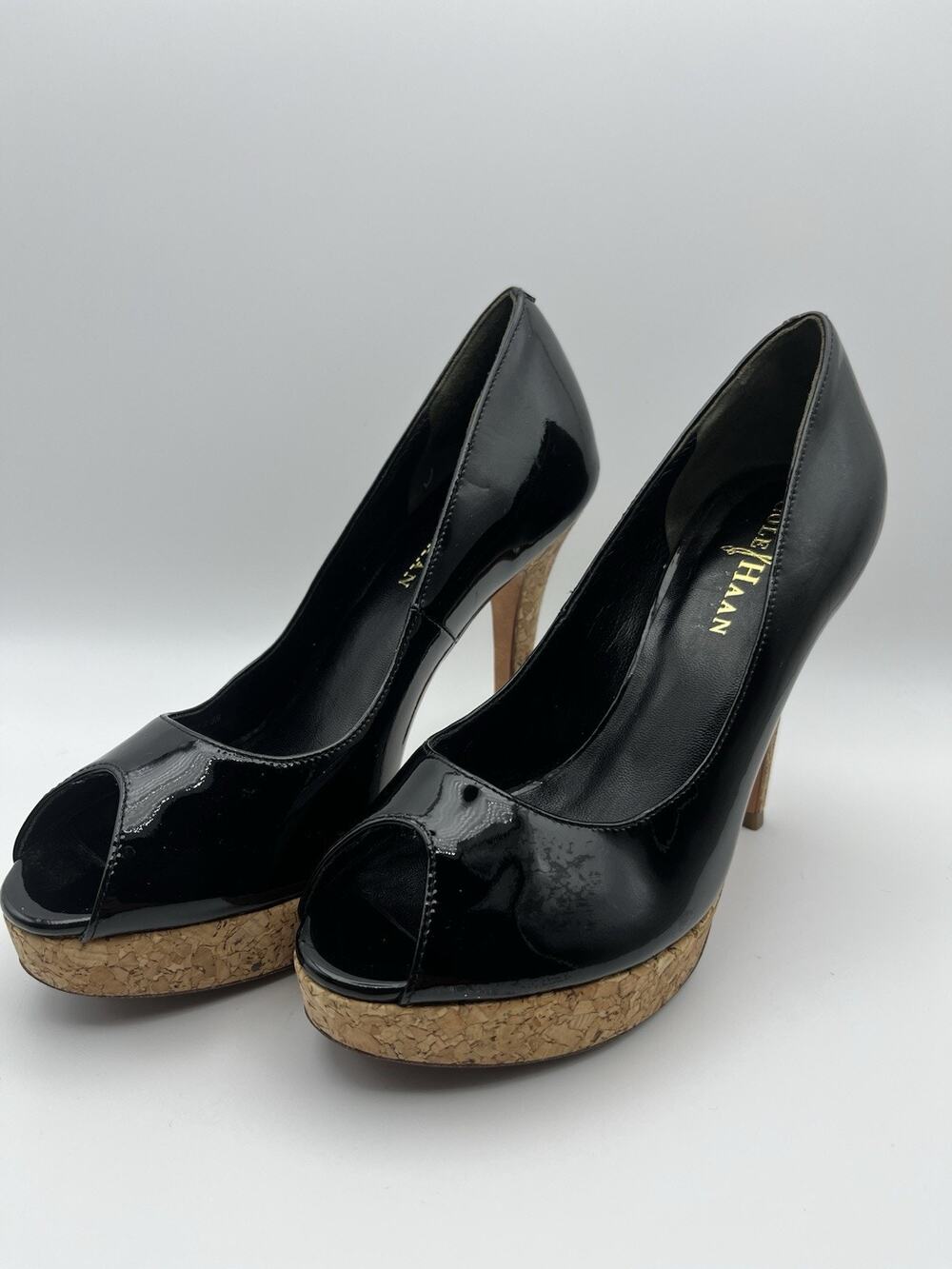 Cole Haan Air Black Patent Peep Toe Cork Platform Heels Pumps Womens 6B